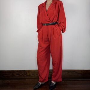 Vintage Liz Clairborne Red Romper Jumpsuit, Leather Belt